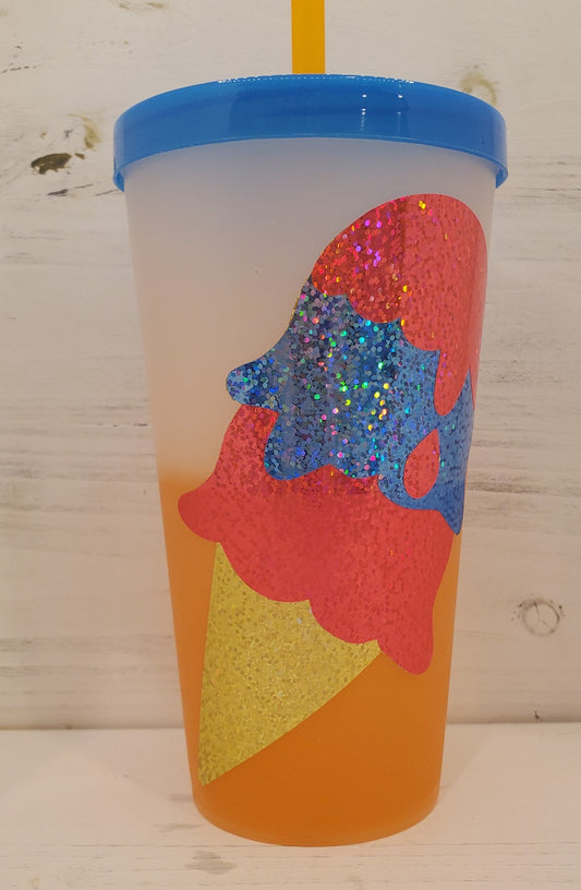 Color Changing Tumblers with Holographic Vinyl - Ice-cream Cone with Blue Lid