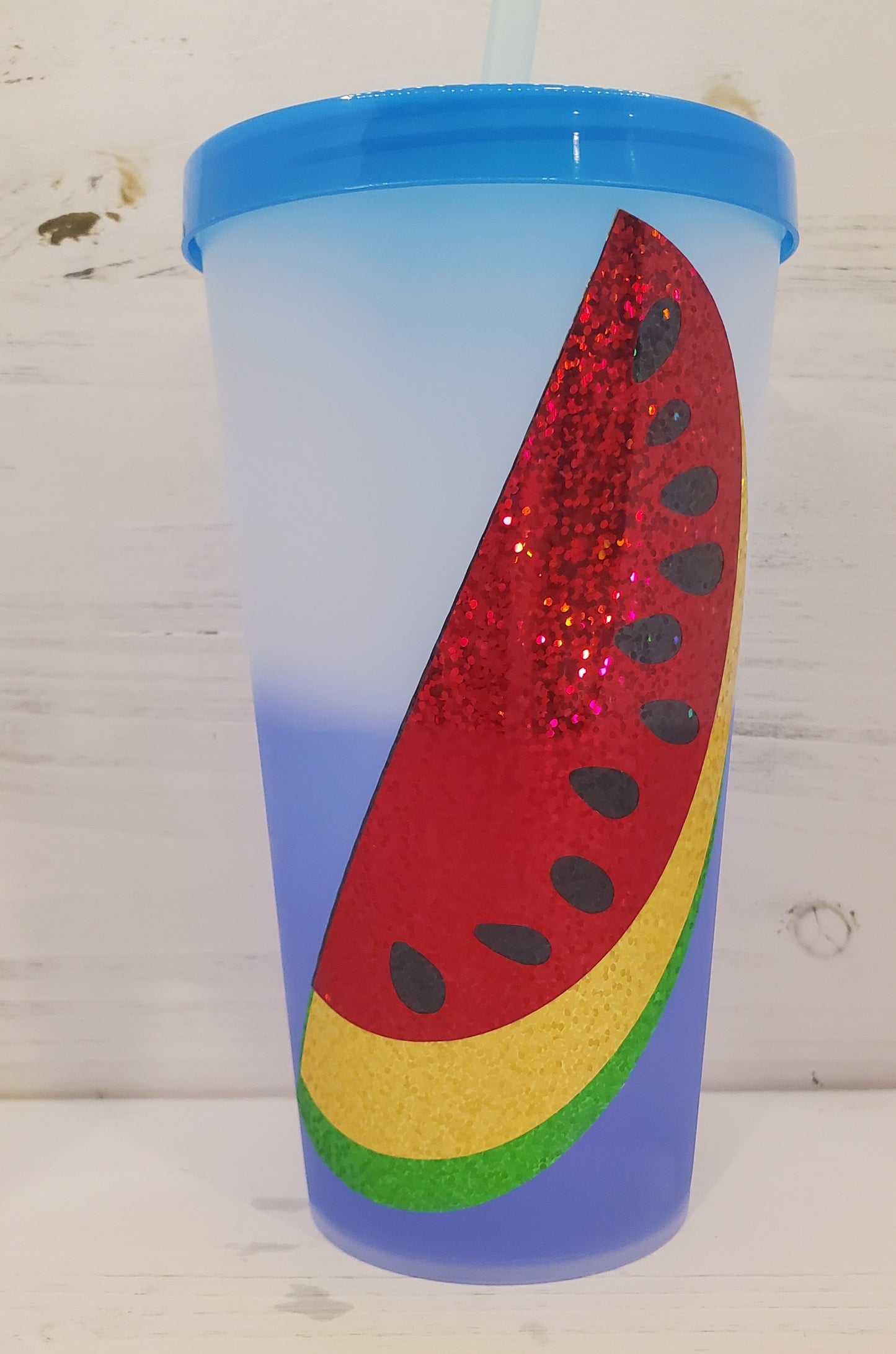 Color Changing Tumblers with Holographic Vinyl - Watermelon with Blue Lid