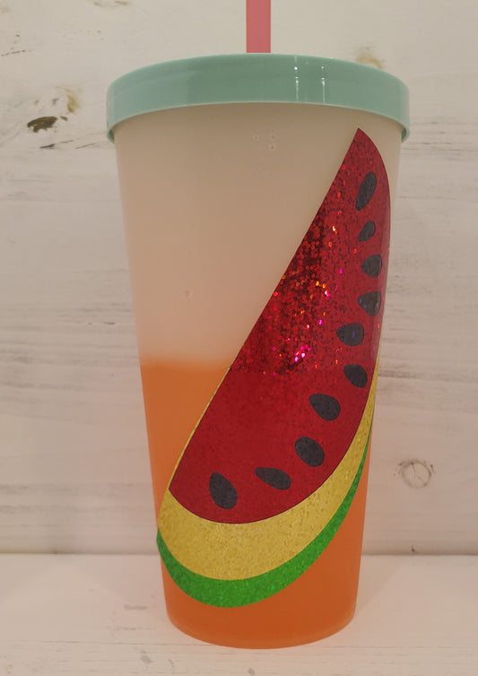 Color Changing Tumblers with Holographic Vinyl - Watermelon Green Lid