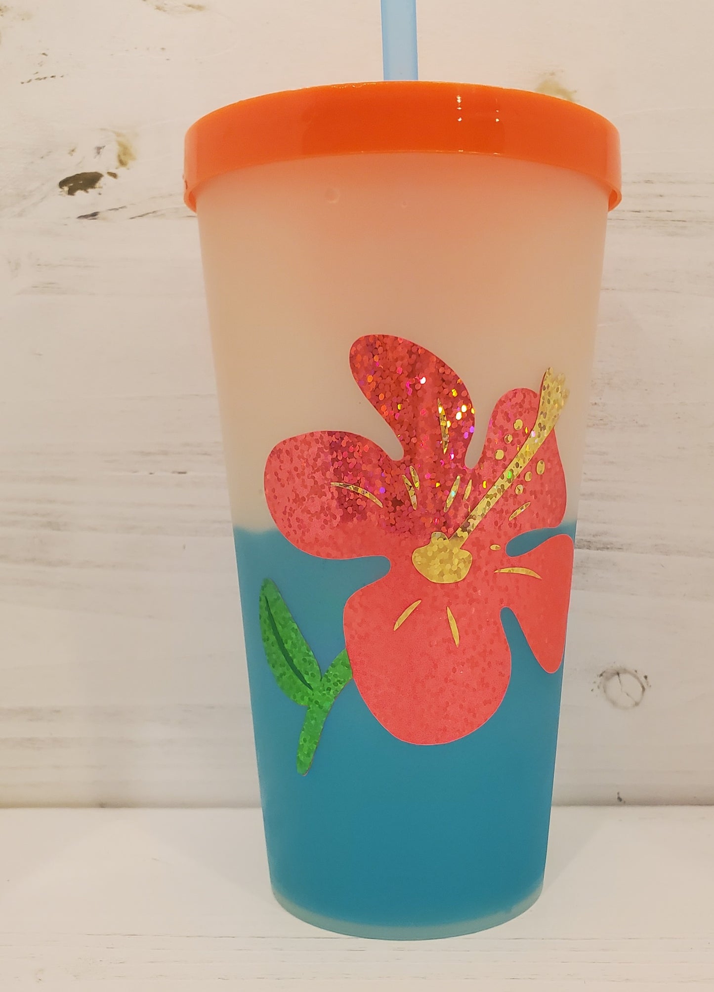 Color Changing Tumblers with Holographic Vinyl - Flower with Orange Lid