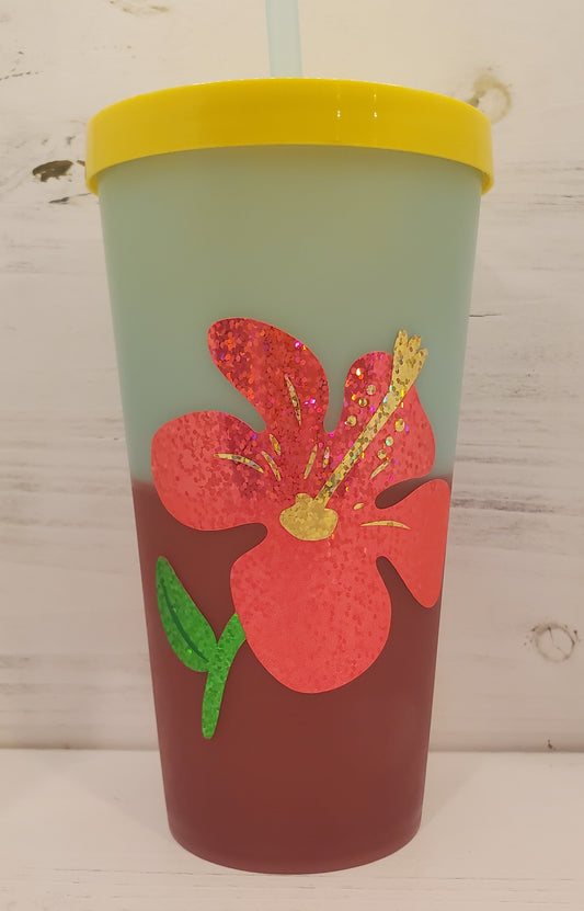 Color Changing Tumblers with Holographic Vinyl - Flower with Yellow Lid