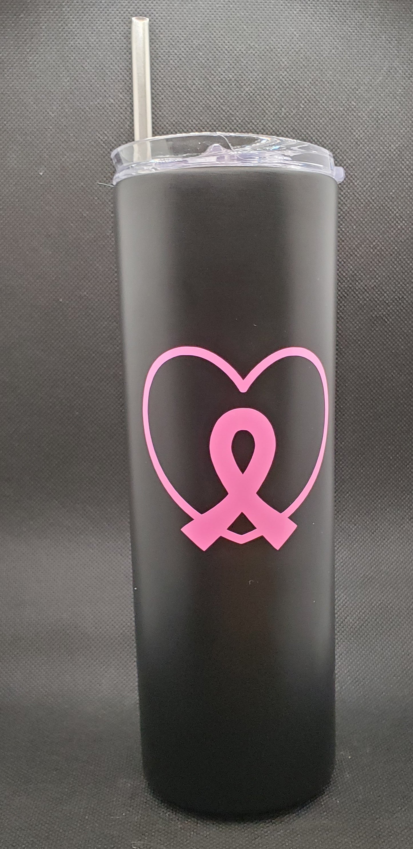 Pink Heart with Ribbon - Breast Cancer Awareness - 20oz Steel Tumbler - Black