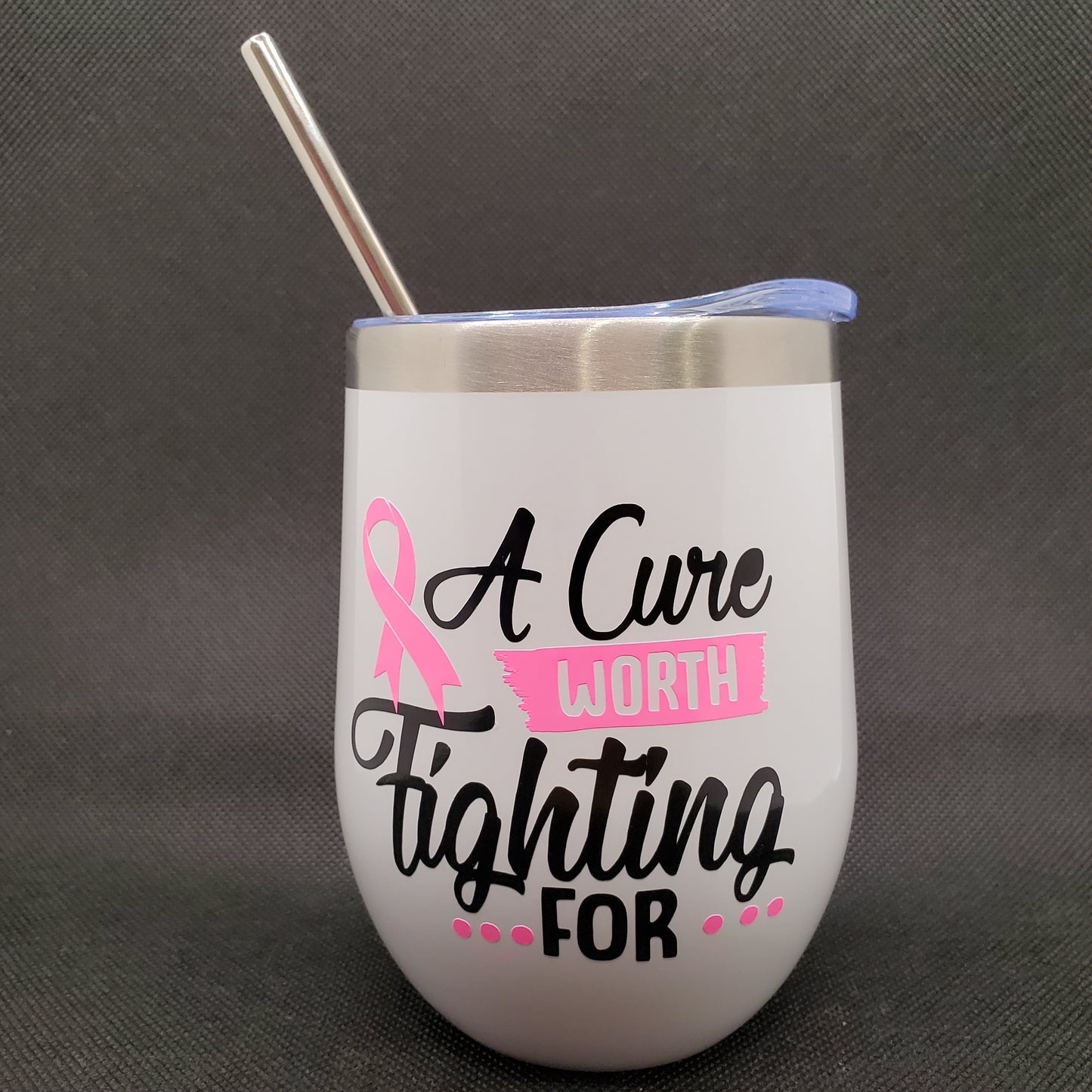 A Cure Worth Fighting For - Breast Cancer Awareness - 12oz Steel Wine Tumbler - White