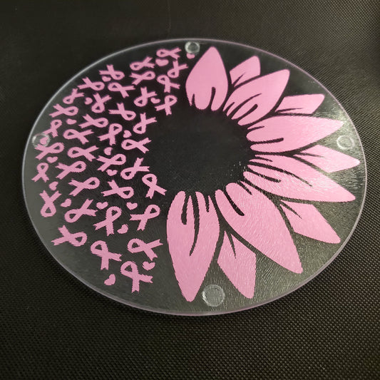 Pink Flower - Pink Ribbon  - Breast Cancer Awareness - Glass Cheese Board