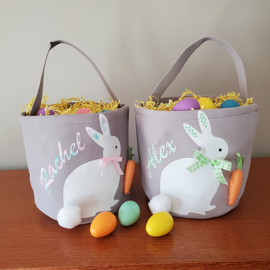 Personalized Grey Easter Basket with Bunny