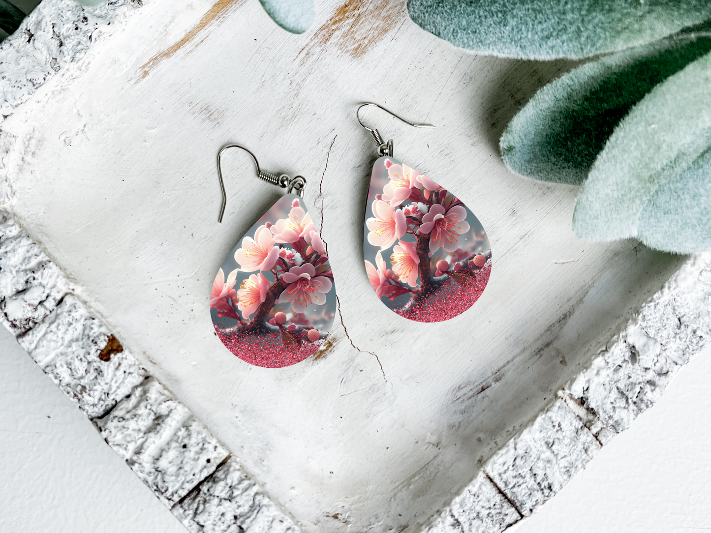 Cherry Blossom Teardrop Dangle Earrings