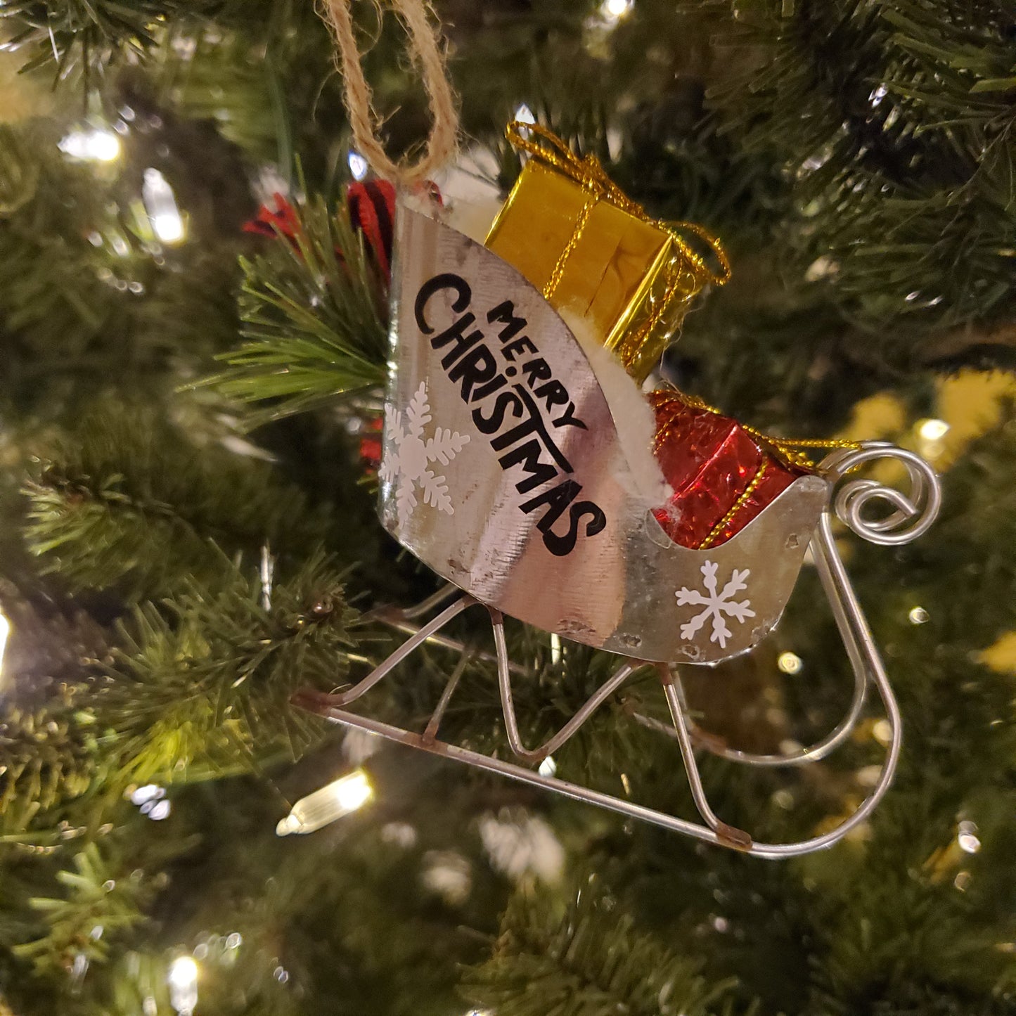 Sleigh Christmas Ornament with Pine Cones