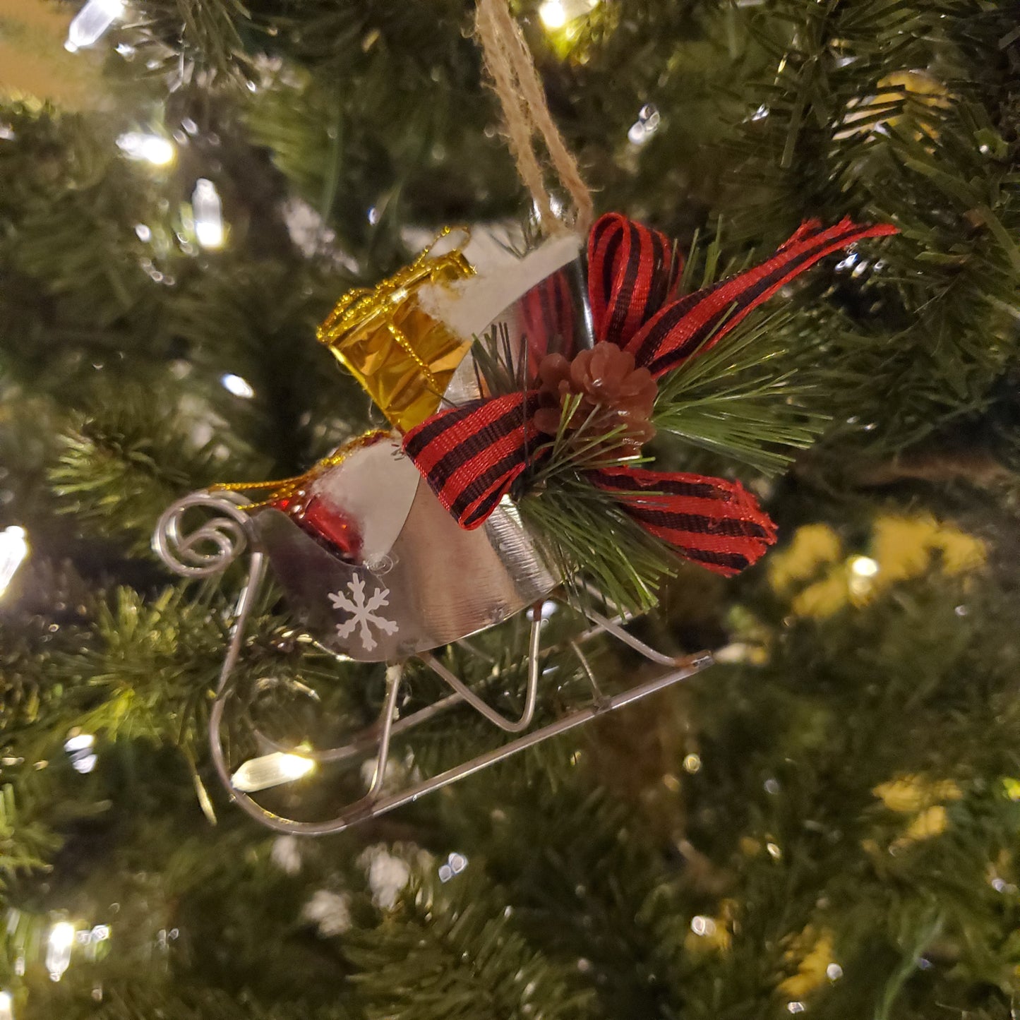 Sleigh Christmas Ornament with Pine Cones