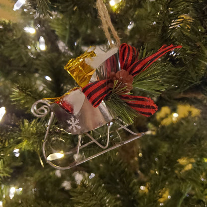 Sleigh Christmas Ornament with Pine Cones