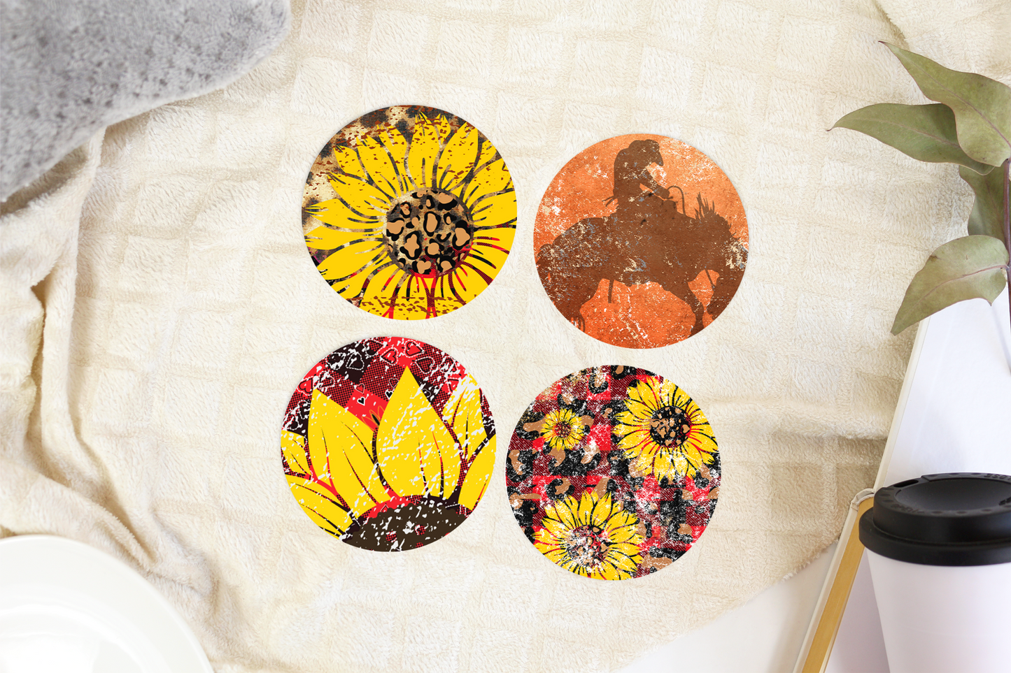 Western Sunflower Ceramic Coasters - Round