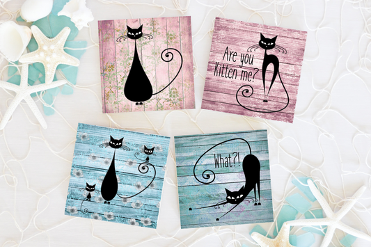 Black Cat Ceramic Coasters - Square