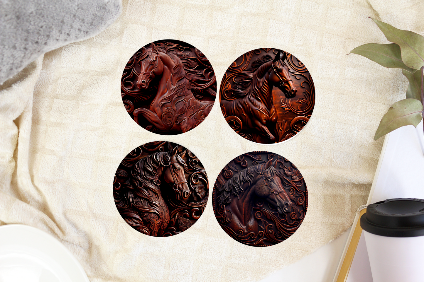 Horses Tooled Leather Look Ceramic Coasters - Round & Square