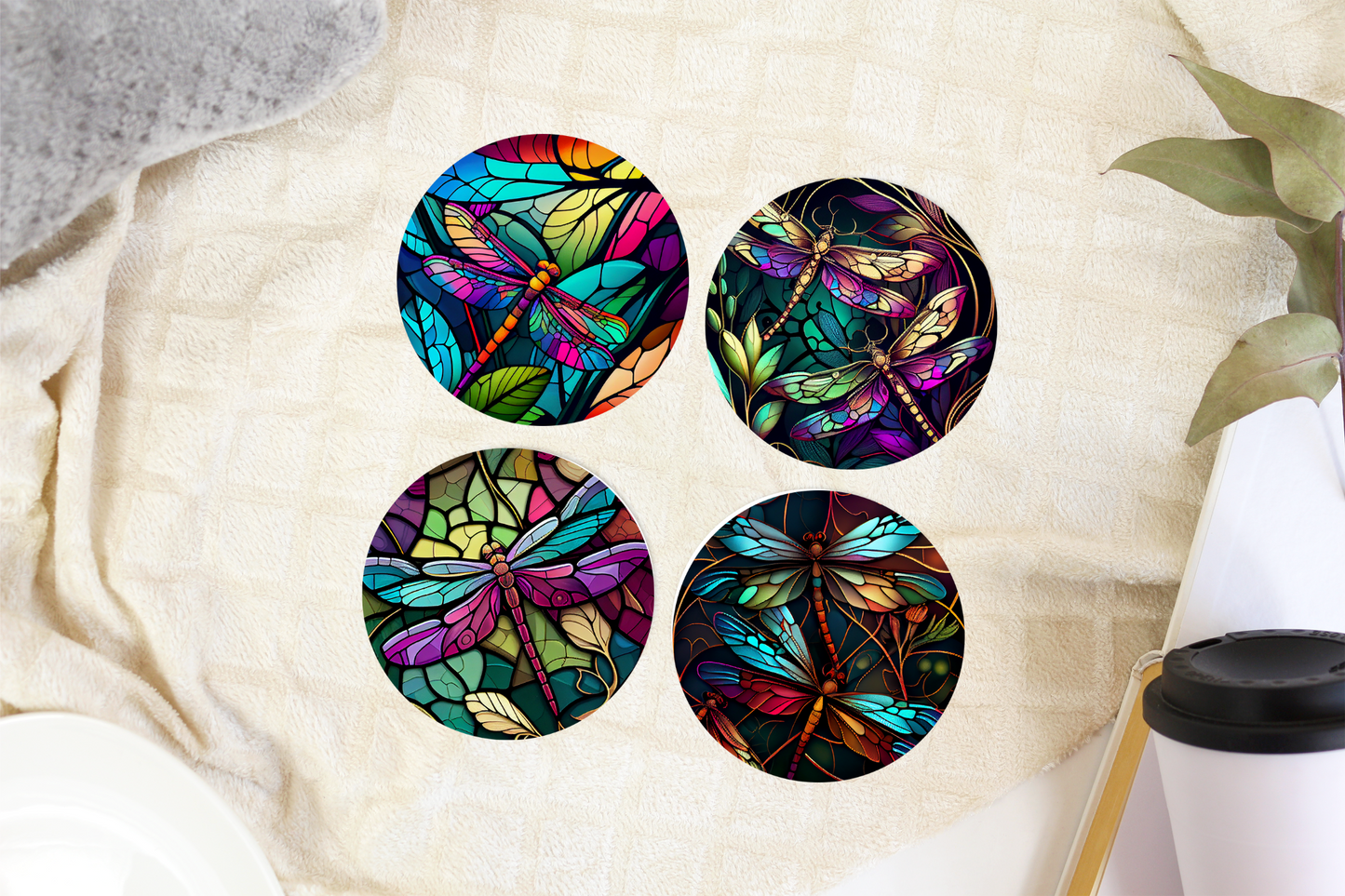 Dragonfly Stained Glass Ceramic Coasters - Round